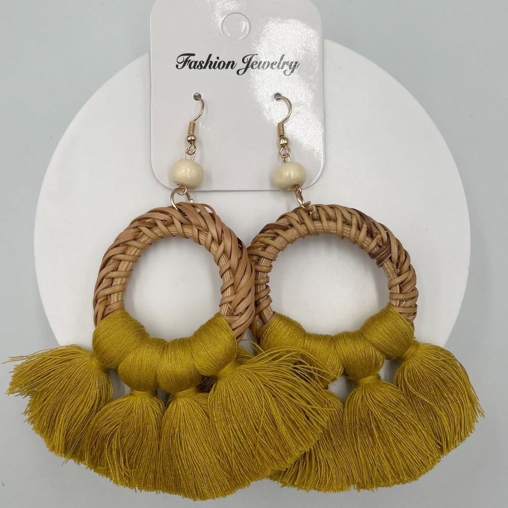 Vintage Boho Mustard Yellow Tassel Rattan Hoop Earrings Straw Woven Drop Classic